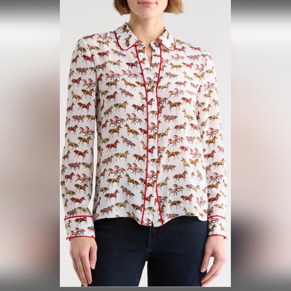 ALICE+OLIVIA WILLA HORSE PRINT SILK BUTTON'UP SHIRT IN RODEO OFF/WHITE ;SZ:SMALL